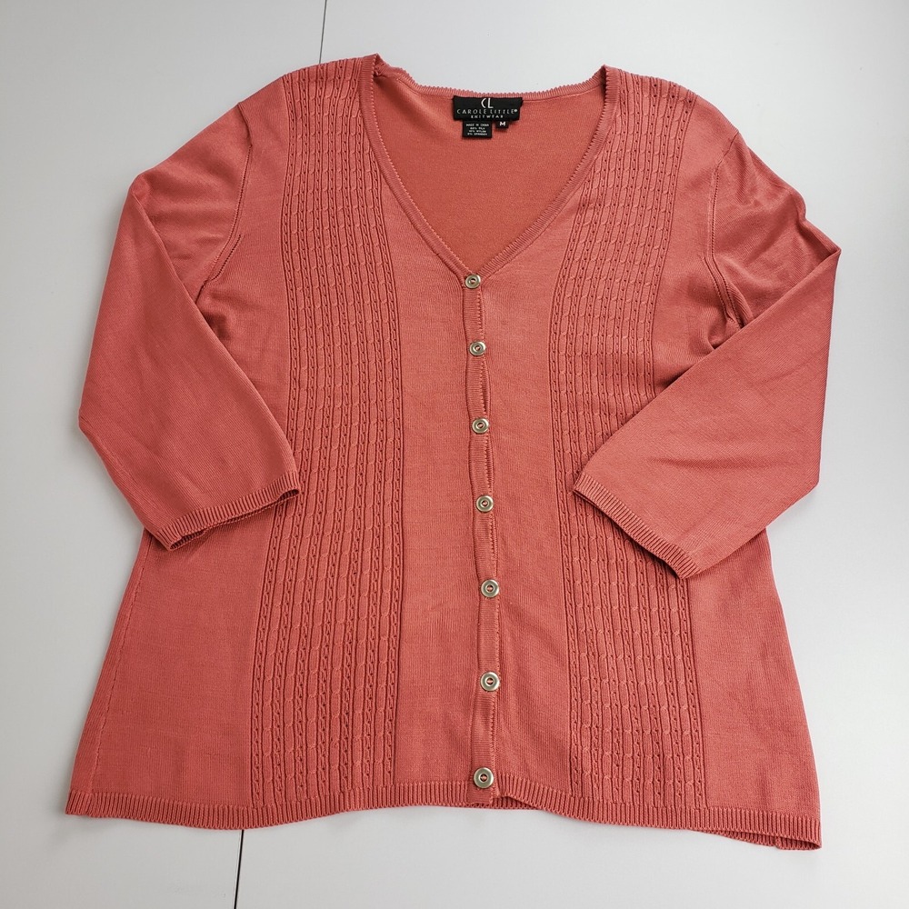 Carole Little Silk Blend Sweater Cardigan Women Medium Salmon 3/4 Sleeve Button